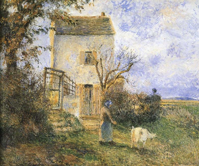 Camille Pissarro Farmhouse in front of women and sheep oil painting picture